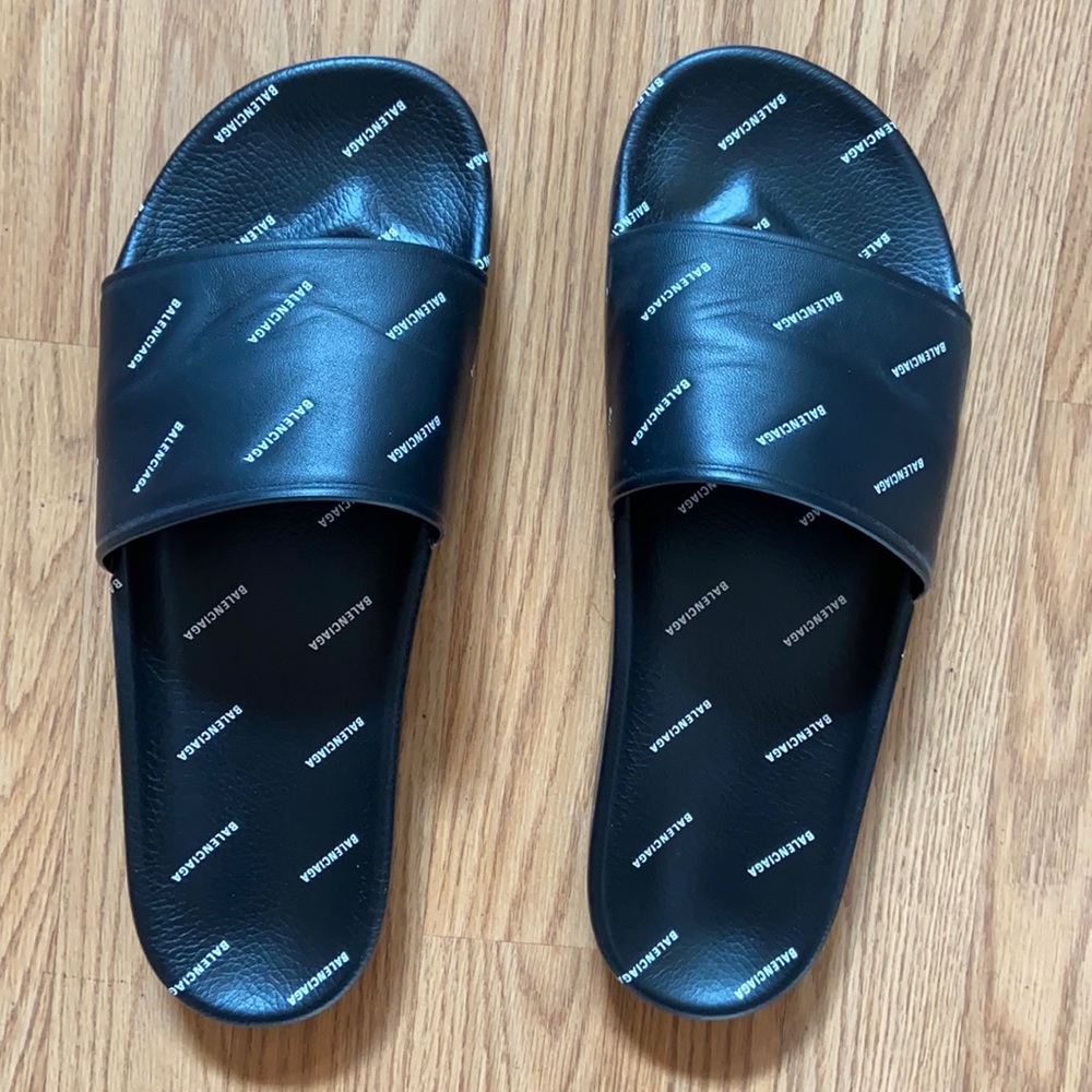 Balenciaga leather logo slides